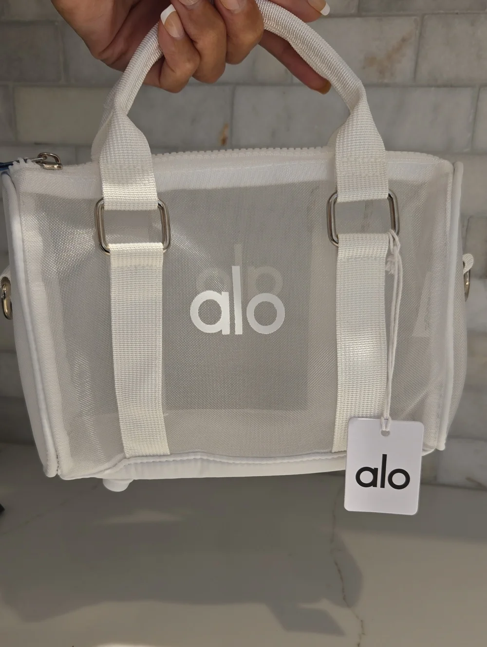 Alo White Mesh Mini Tote Bag